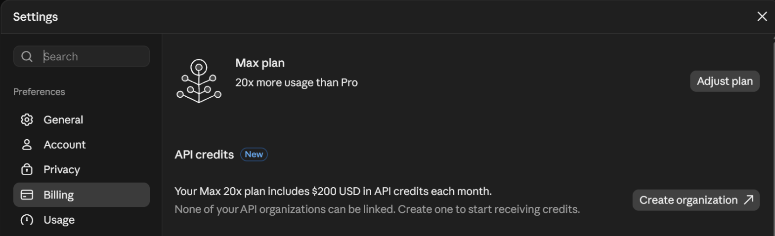 Claude settings, Billing tab: the API credits section says the Max 20x plan includes $200 USD in API credits each month, with a Create organization button.