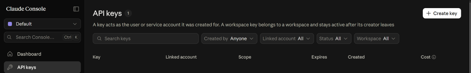 Claude Console, API keys page: API keys is selected in the sidebar and a Create key button sits at the top right.