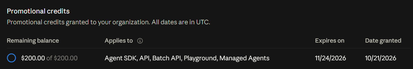 Claude Console, Billing page, Promotional credits table: $200.00 of $200.00 remaining, applies to Agent SDK, API, Batch API, Playground and Managed Agents, with its expiry and grant dates.