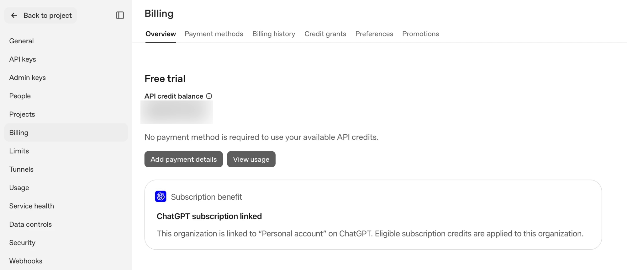 OpenAI API Platform, Billing overview: the API credit balance is blurred, and a Subscription benefit card says ChatGPT subscription linked.